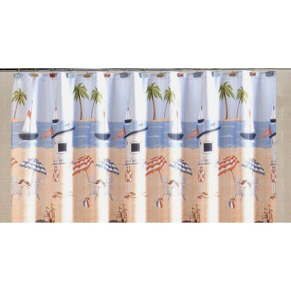 Catching Rays Beach Shower Curtain Tropical Ocean Sailboat Palm Trees Bath Gift - Picture 2 of 3